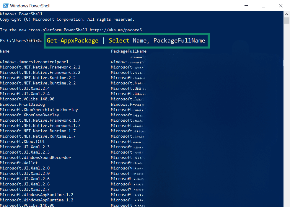 Windows PoewrShell displaying apps.