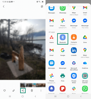 Two Android screenshots side by side. The first one shows a gallery photo, and the share icon for it is highlighted. The second image shows the sharing options for the photo, and the 