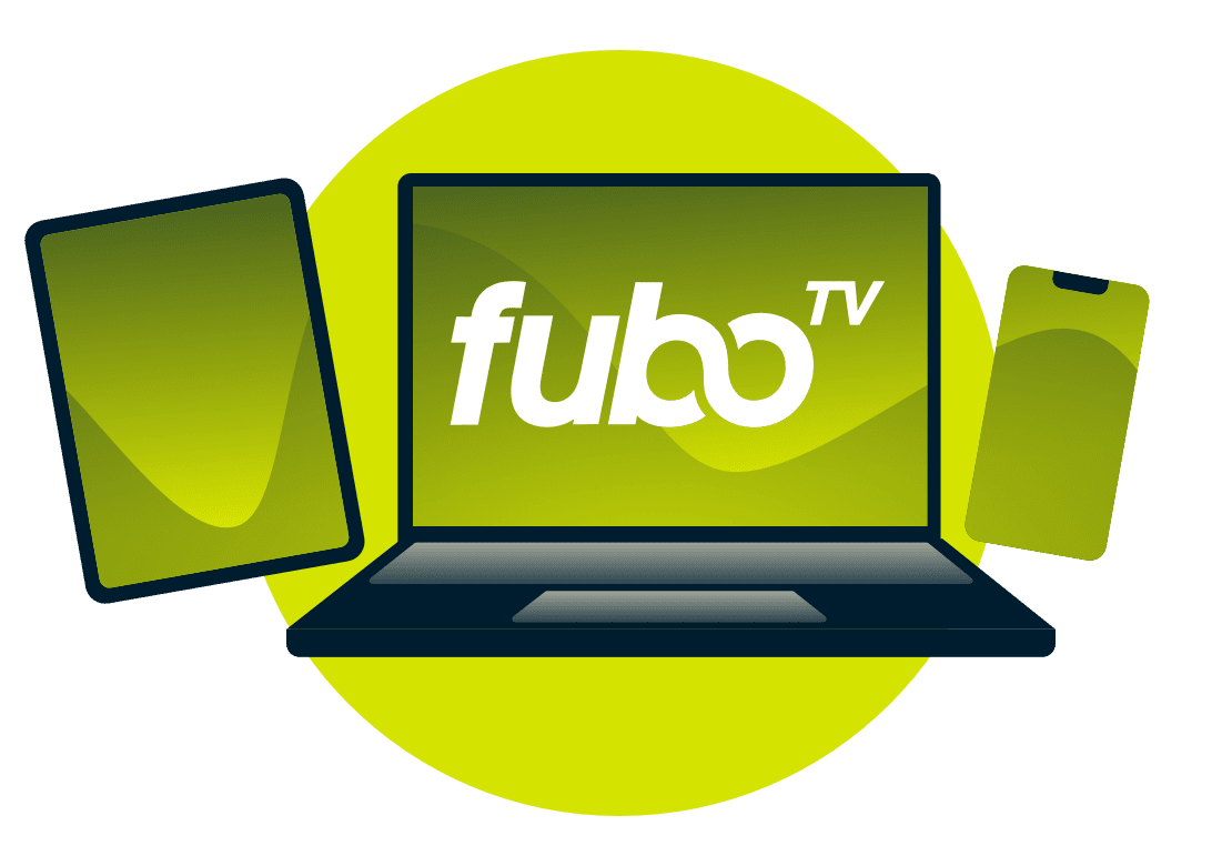 Ноутбук, планшет и телефон с логотипом fuboTV.