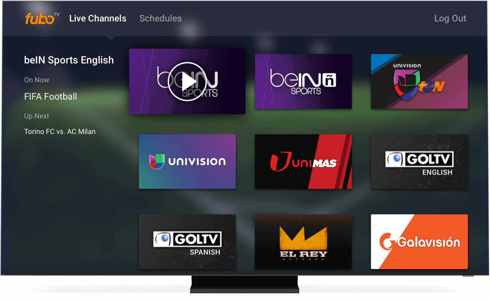 Домашняя страница fuboTV на экране смарт-ТВ.